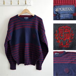 Vintage Puritan Sweater Mens L Made USA 100% Cotton Red Blue Striped Crewneck